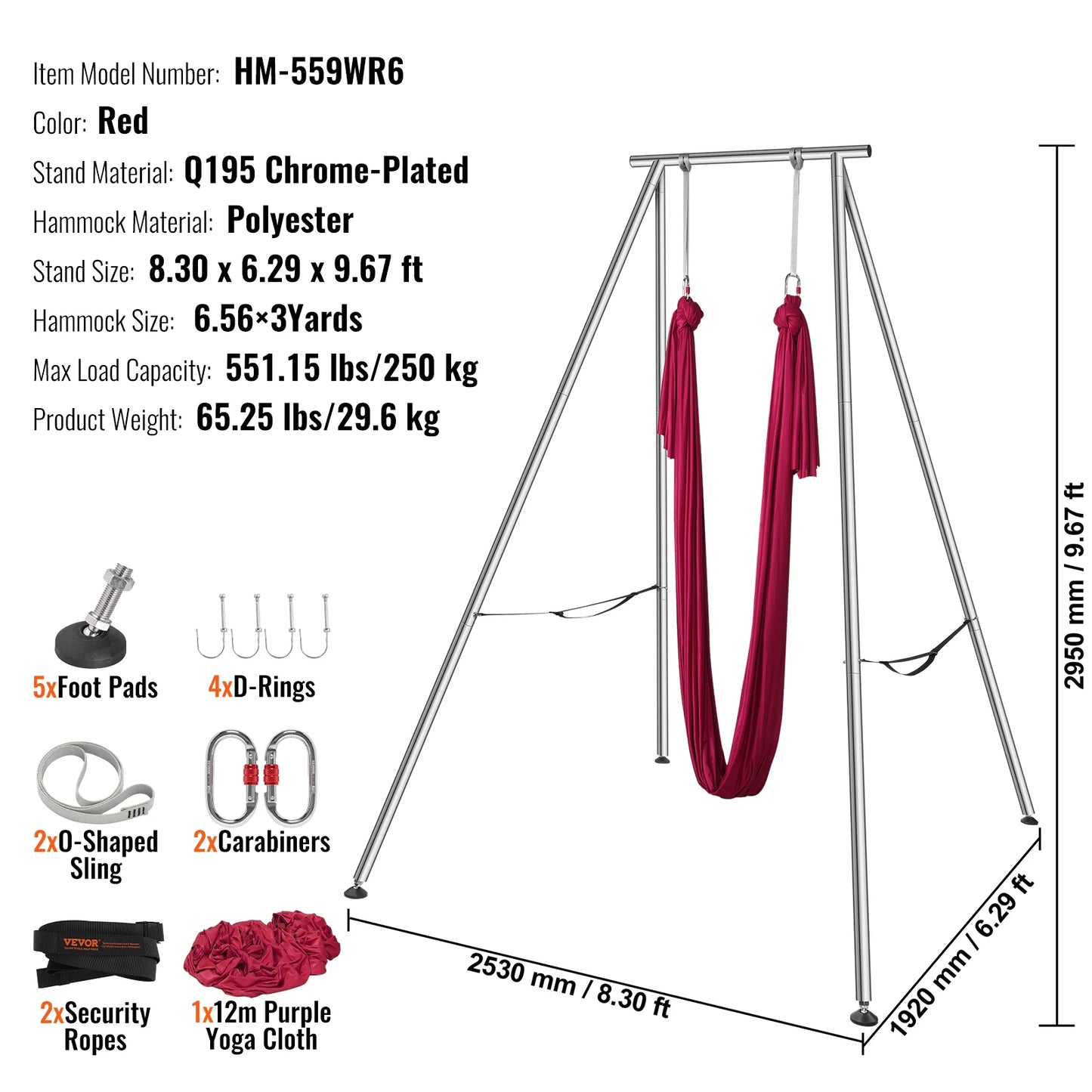 VEVOR Professional Aerial Yoga Frame & Hammock 9.67FT with 6.6 Yards Aerial Silks Max 551lbs