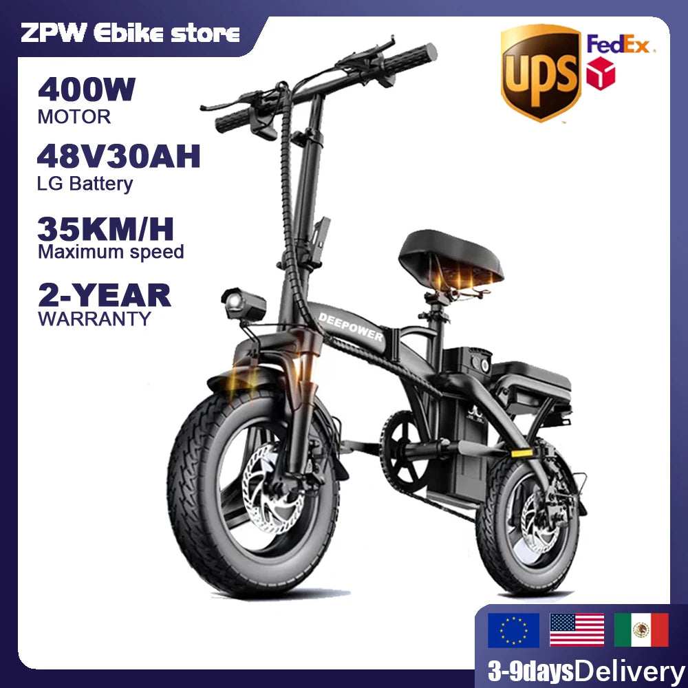 ZPW Adult Foldable Electric Bike K100 400W 48V 30AH Fat Tire City Commuter