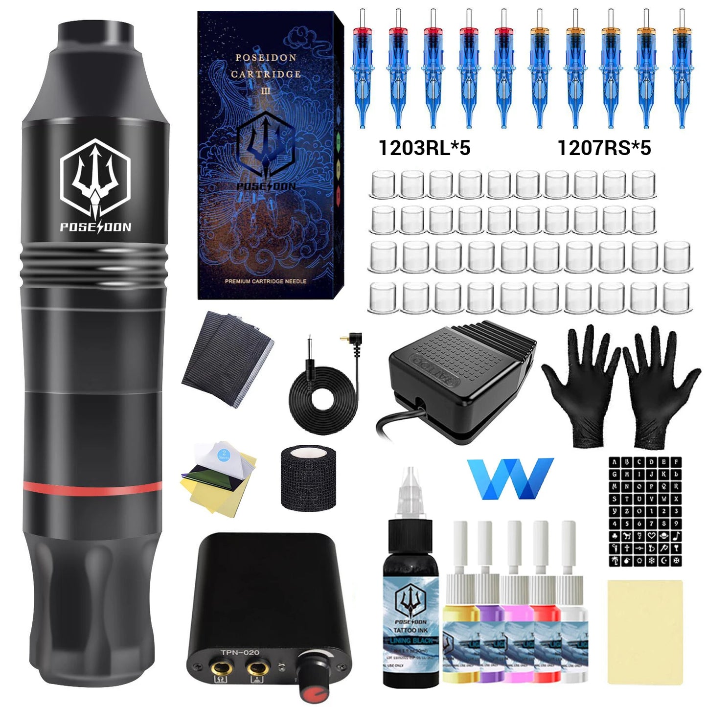 POSEIDON Black Tattoo Pen Machine Kit High Quality Motor Power Supply with Starting Inks