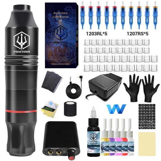 POSEIDON Black Tattoo Pen Machine Kit High Quality Motor Power Supply with Starting Inks