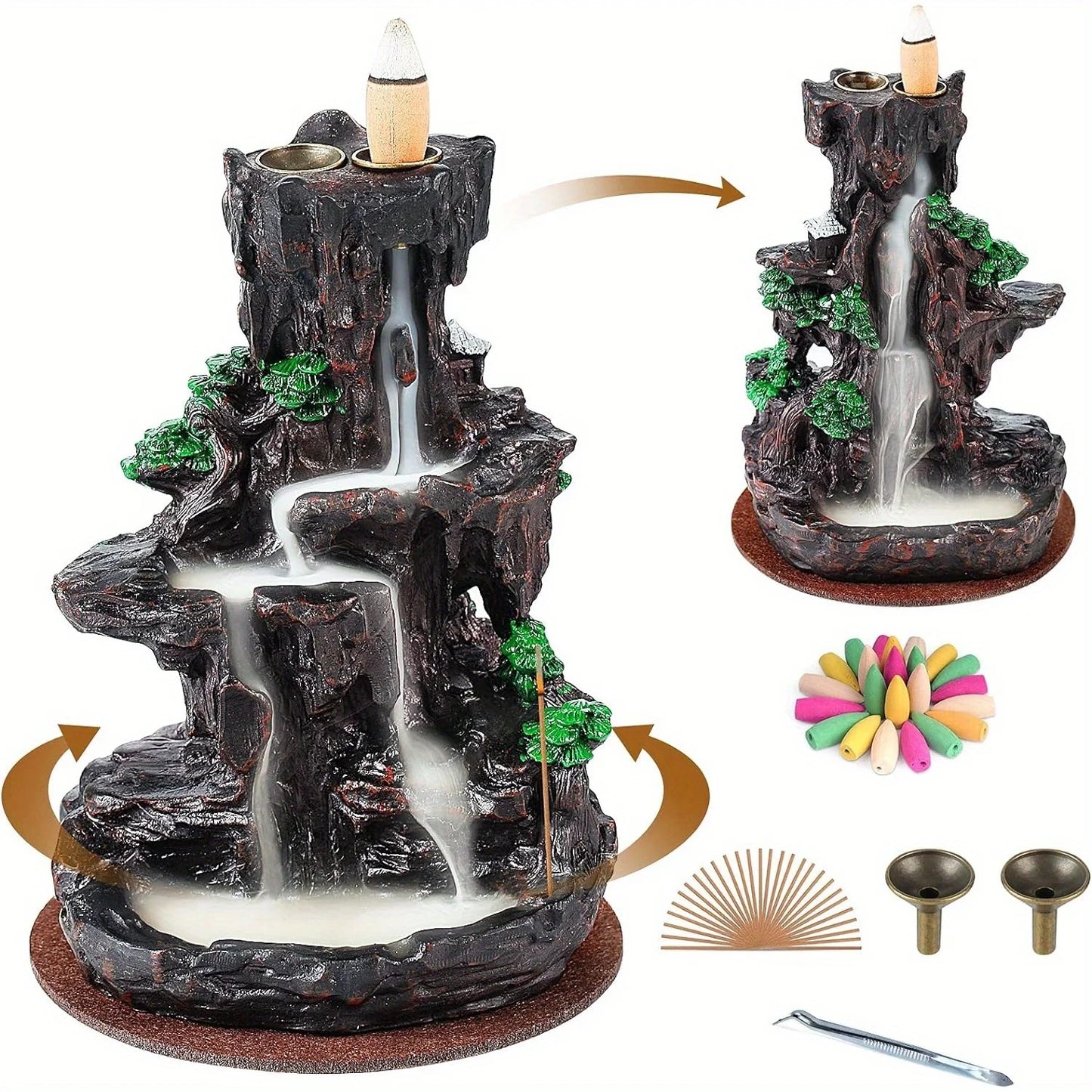 Incense Burner, Backflow Incense Holder 2 Sided Waterfall with 120 Backflow Incense Cones