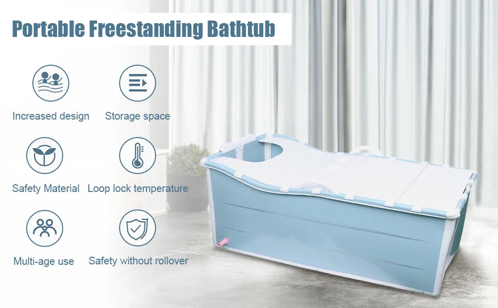 53" Extra Large Portable Foldable Bathtub for Adults, SPA Soaking Tub with Cover Lid Thickened, Blue