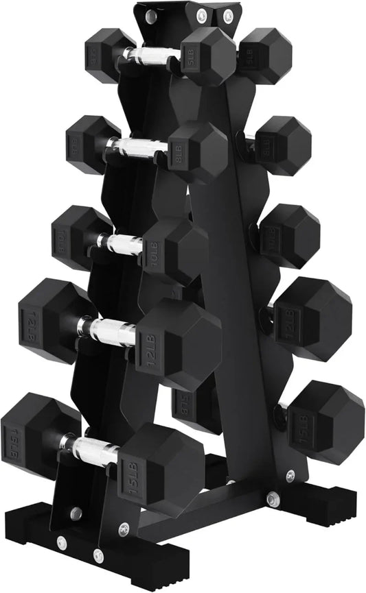 Rubber Coated Hex Dumbbell Free Hand Weight Set w/Storage Rack, Multiple Options, High Quality