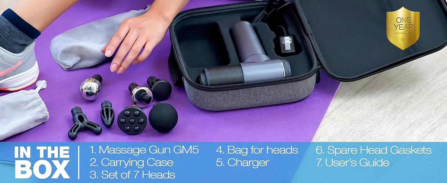 GM5 Massage Gun - Deep Tissue Massager for Muscle Relax & Pain Relief - 5 Speeds, 6 Heads