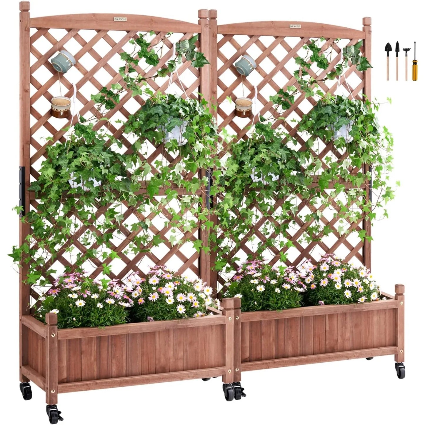 2PCS Outdoor Raised Garden Bed with Drainage Holes, Free-Standing Trellis Wood Planter Box