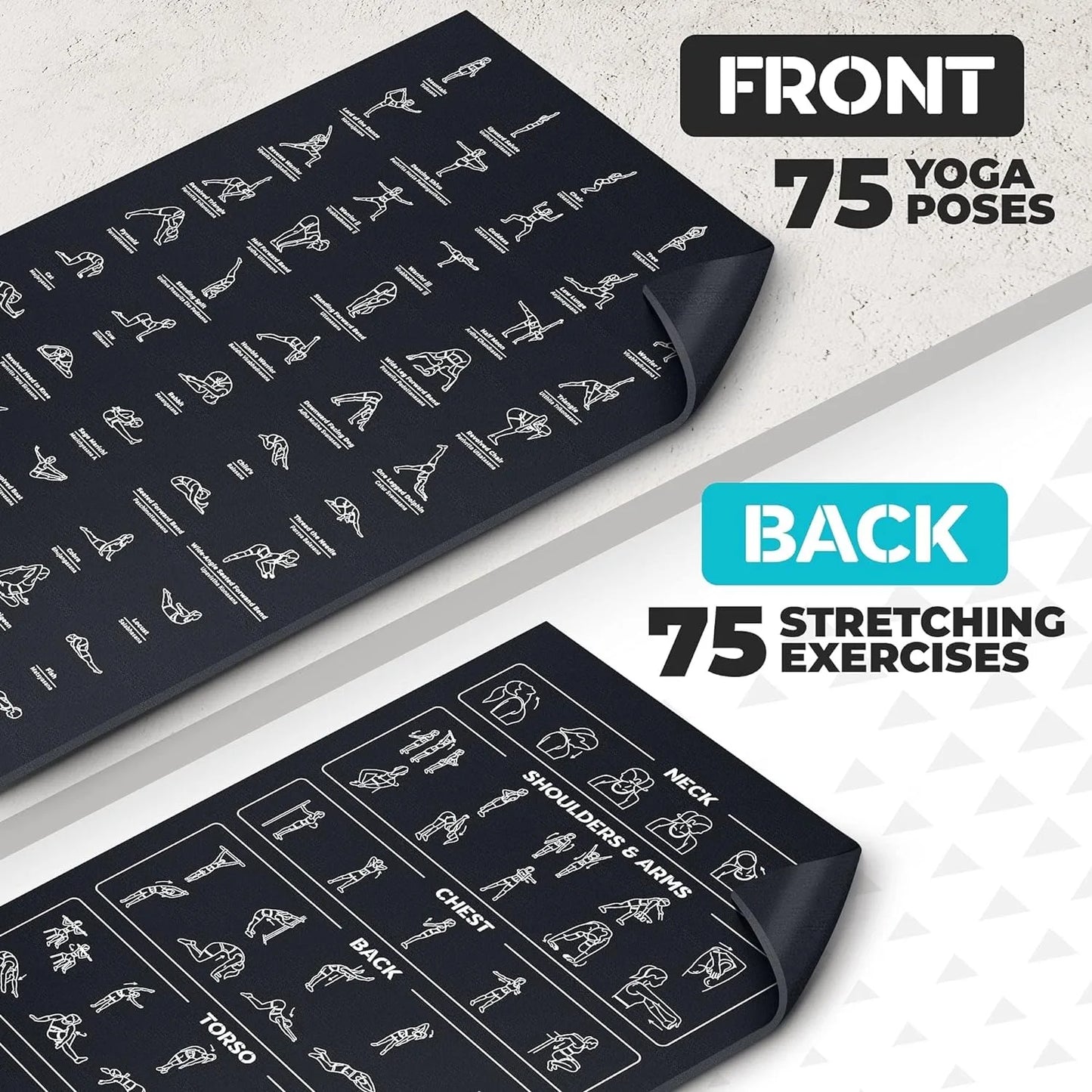 Instructional Yoga Mat with Poses Printed & Carrying Strap - 75 Illustrated Poses & 75 Stretches