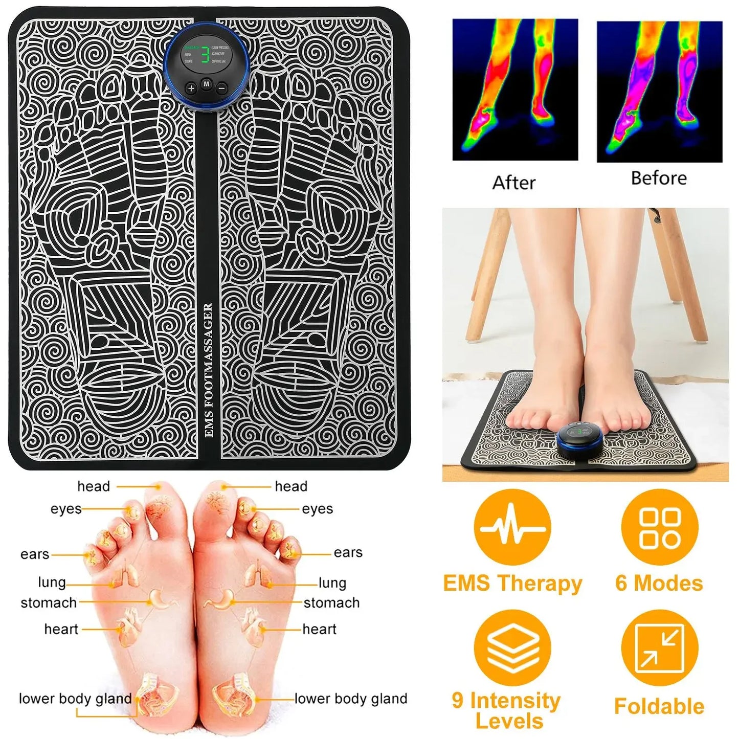 EMS Foot Massage Pad, Rechargeable, 6 Modes, 9 Intensity Levels, Muscle Pain Relax, Leg Reshaping