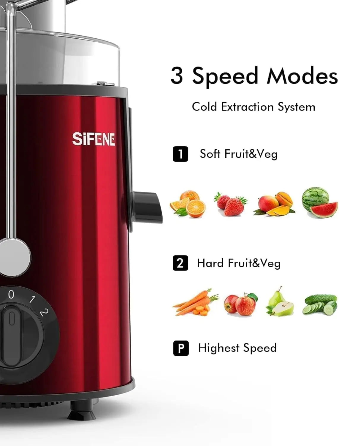 SiFENE 3" Big Mouth Centrifugal Juicer Extractor, Compact Juicing Maker, Non-BPA, Easy to Clean, Red