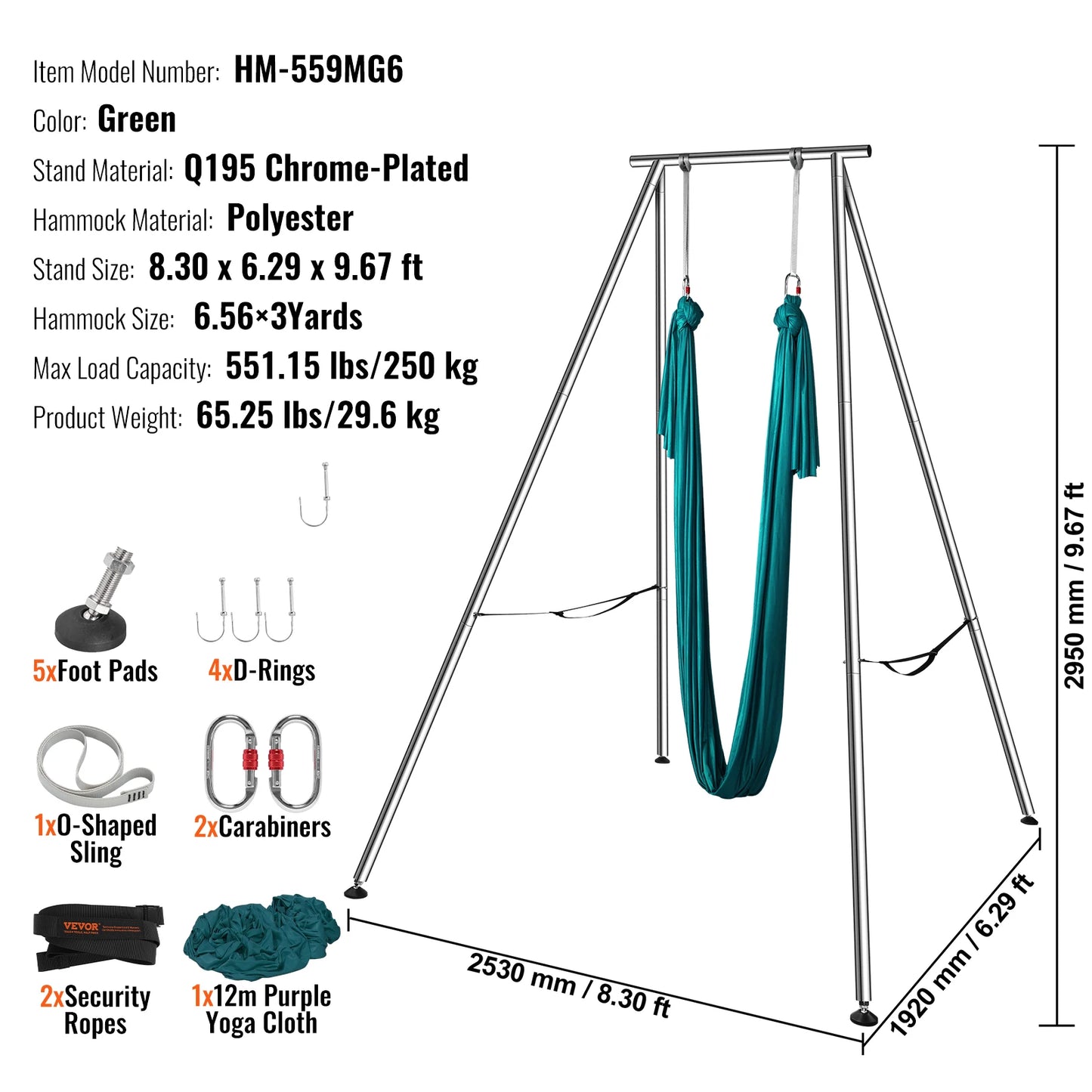 VEVOR Professional Aerial Yoga Frame & Hammock 9.67FT with 6.6 Yards Aerial Silks Max 551lbs