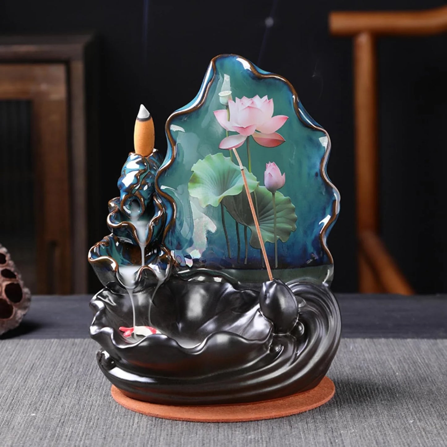 Lotus Leaf Waterfall Backflow Incense Holder with 20 Backflow Incense Cones & 30 Incense Sticks