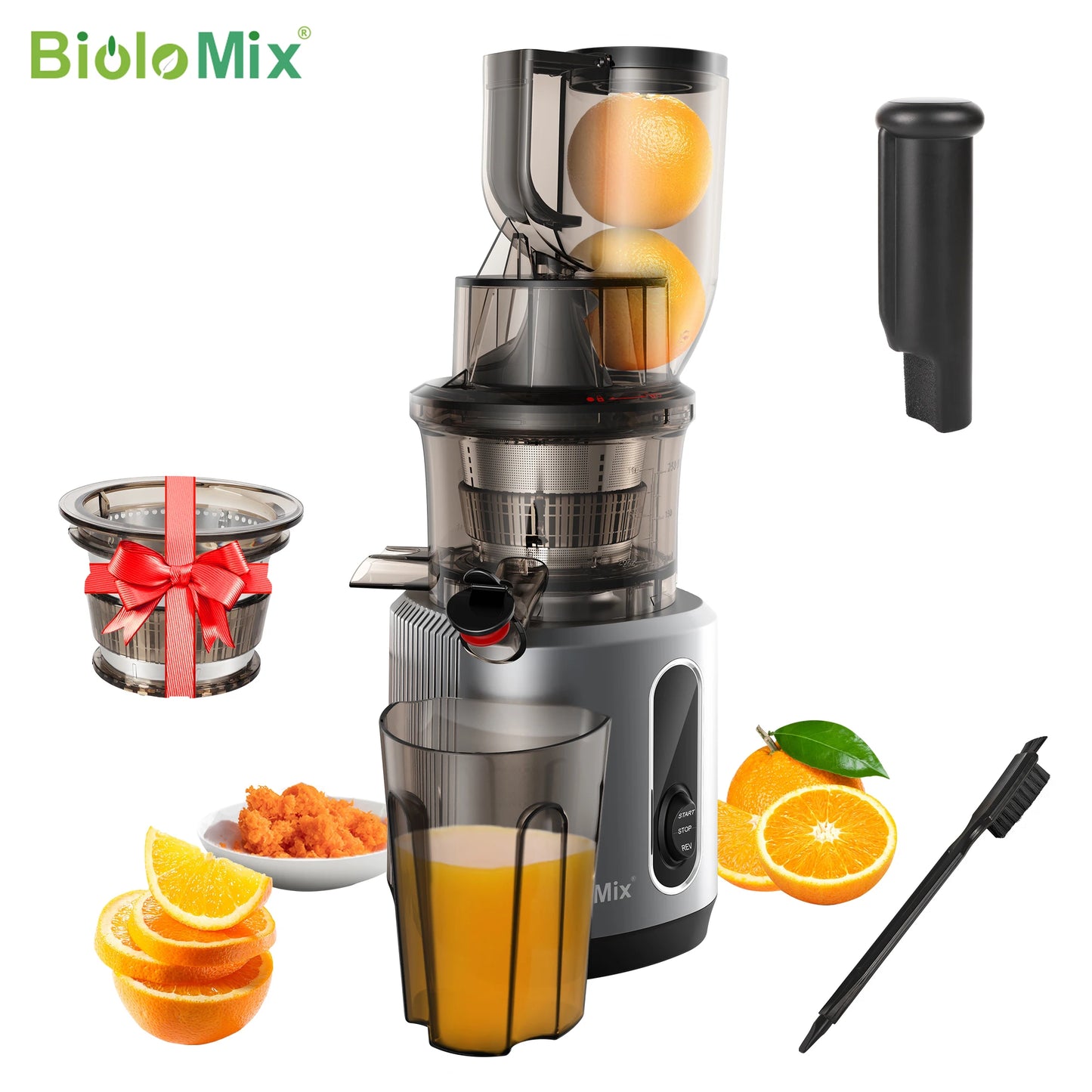 BioloMix Cold Press Juicer, 75mm Feed Chute, 200W 40-65RPM, Powerful Motor, Slow Masticating Fits Whole Fruits