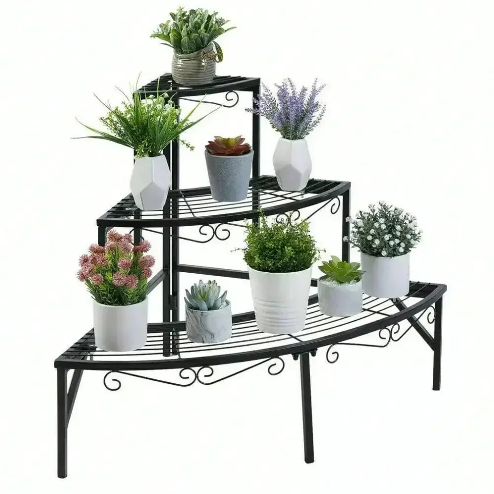 3-Tiers Metal Black Curved Corner Shelf Plant Stand