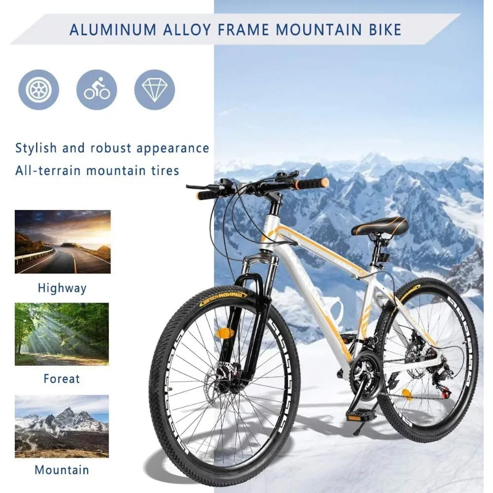 26 Inch Mountain Bike, Aluminum Frame, 21-Speed Dual Disc Brake Bicycle with Lock-Out Suspension Fork