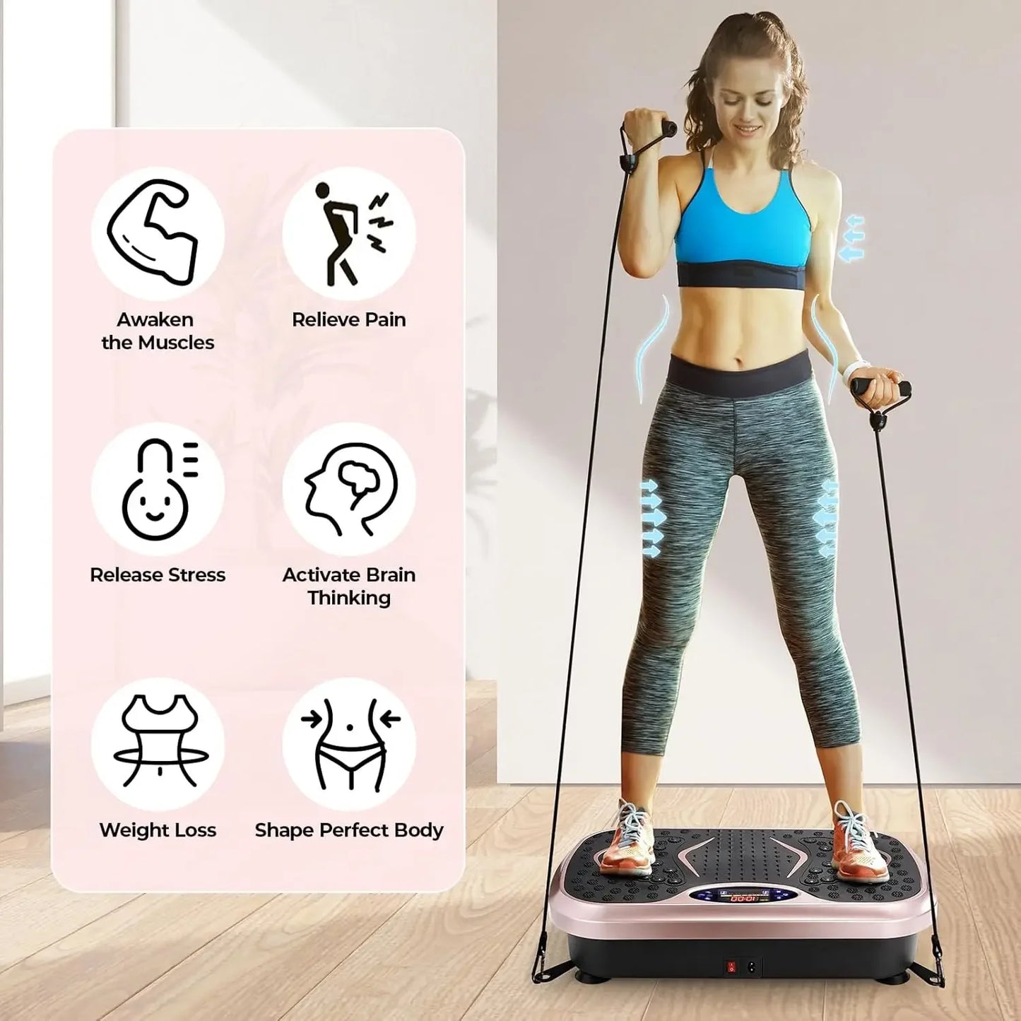 3D Vibration Plate Exercise Machine, Fitness Platform for Lymphatic Drainage, w/Loop Bands