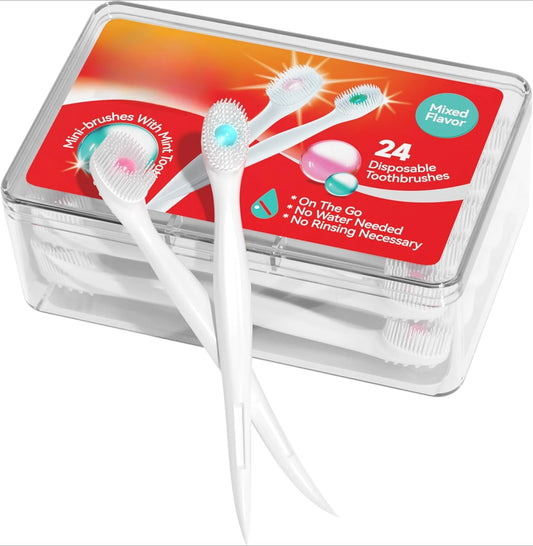 Mini Brushes-Disposable Toothbrushes with Toothpaste and Pick for Work or Travel, 24 Count