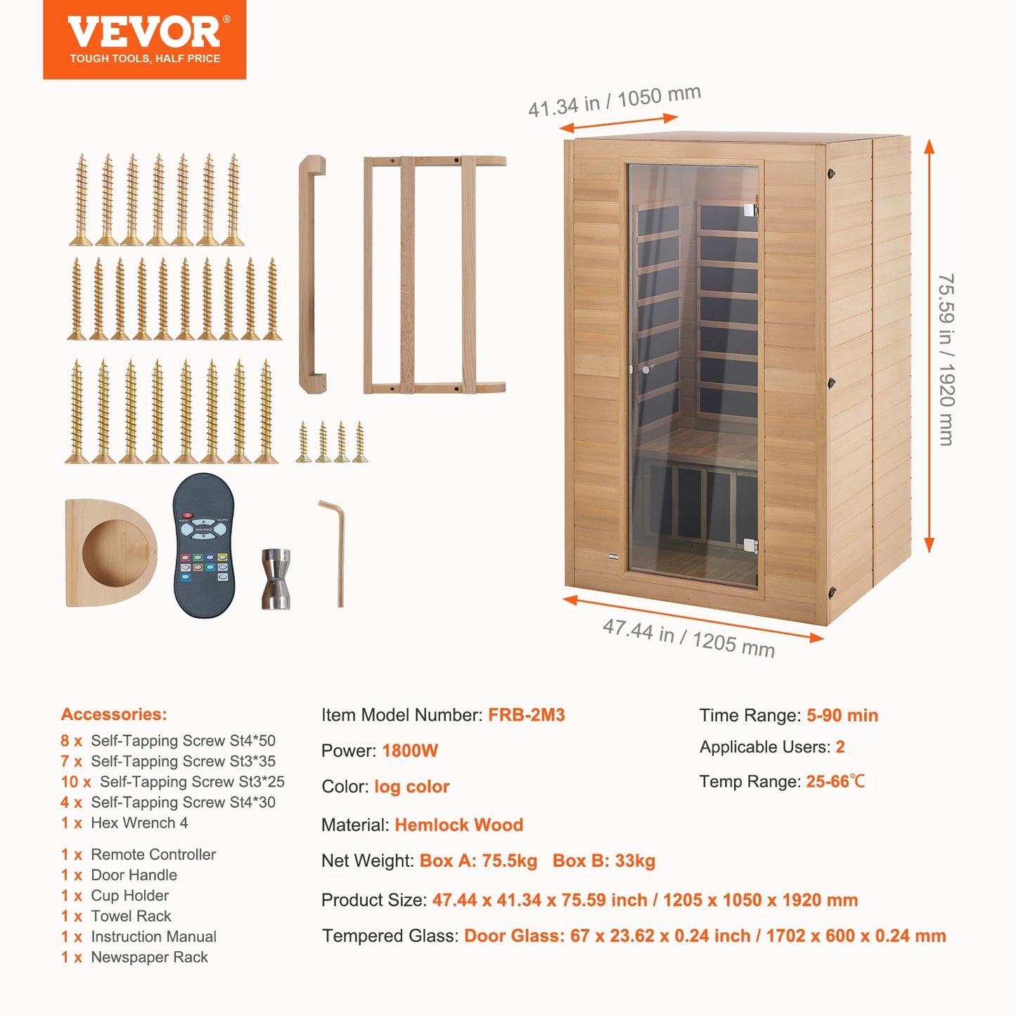 VEVOR Far Infrared Wooden Sauna Room Home Spa for Person Low EMF Far with Tempered Glass Door