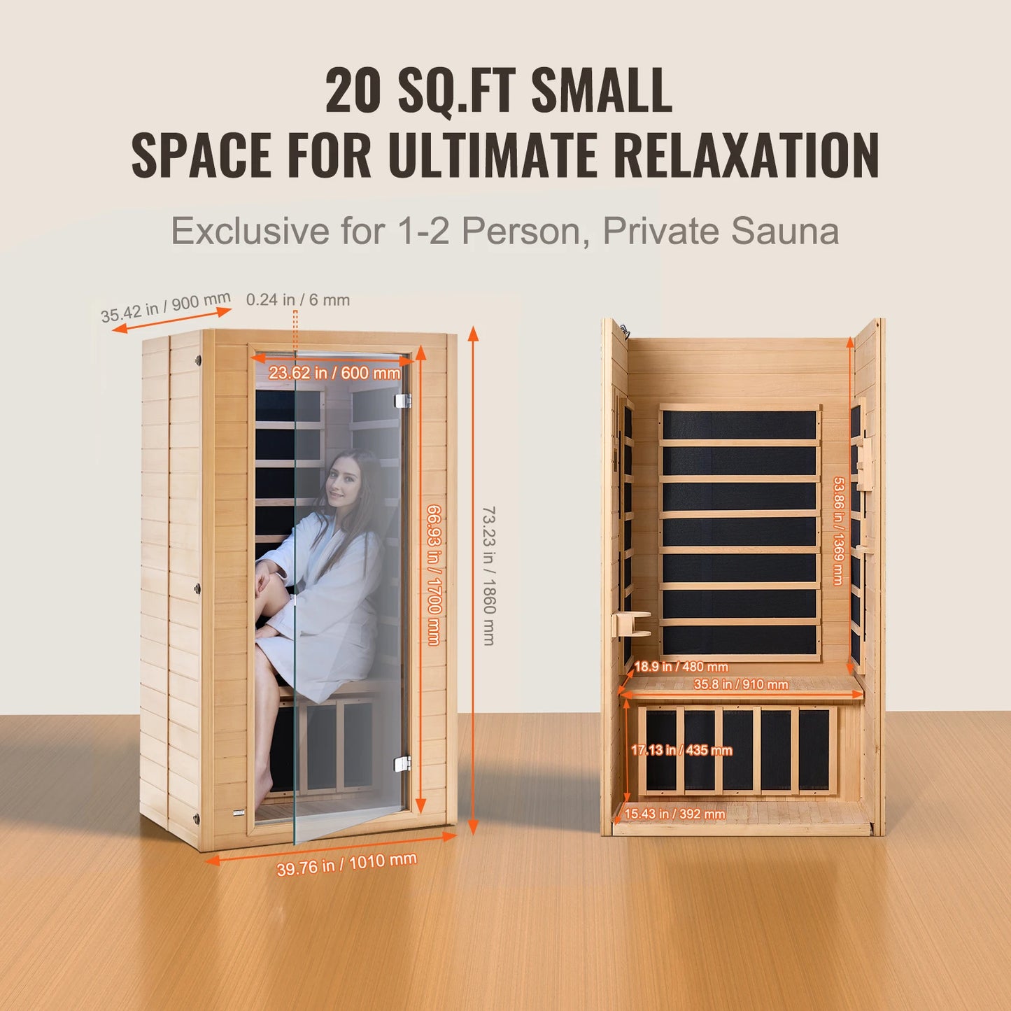 VEVOR Far Infrared Wooden Sauna Room Home Spa for Person Low EMF Far with Tempered Glass Door