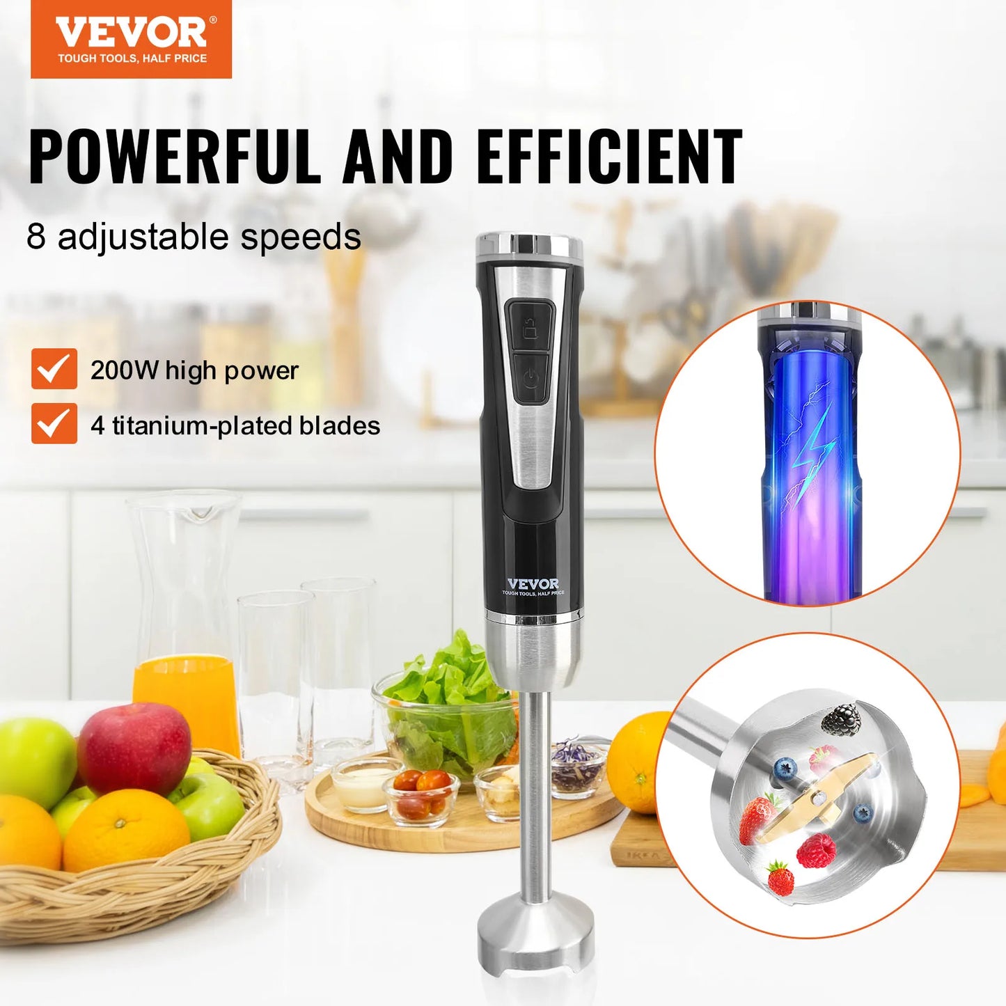 VEVOR 8/12 Speed Immersion Mini Portable Blender Handheld Mixer 200W 500W Cordless Recharge