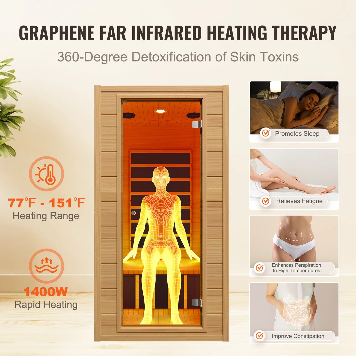 VEVOR Far Infrared Wooden Sauna Room Home Spa for Person Low EMF Far with Tempered Glass Door