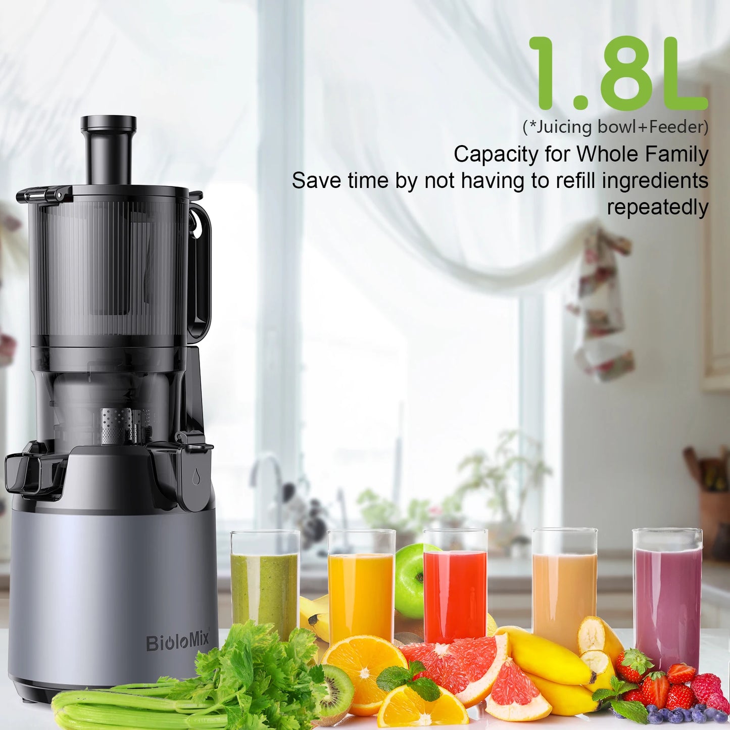 BioloMix Cold Press Juicer, with 130mm Feed Chute, High Juice Yield, BPA FREE Slow Masticating Juicer