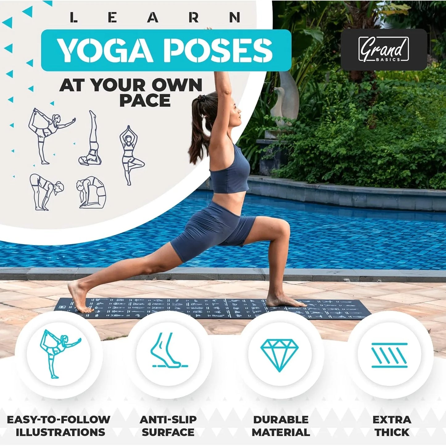 Instructional Yoga Mat with Poses Printed & Carrying Strap - 75 Illustrated Poses & 75 Stretches