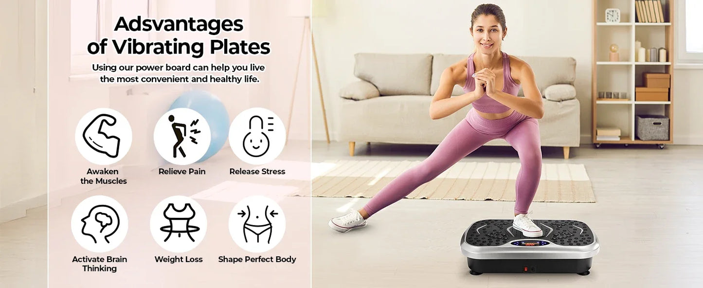 3D Vibration Plate Exercise Machine, Fitness Platform for Lymphatic Drainage, w/Loop Bands