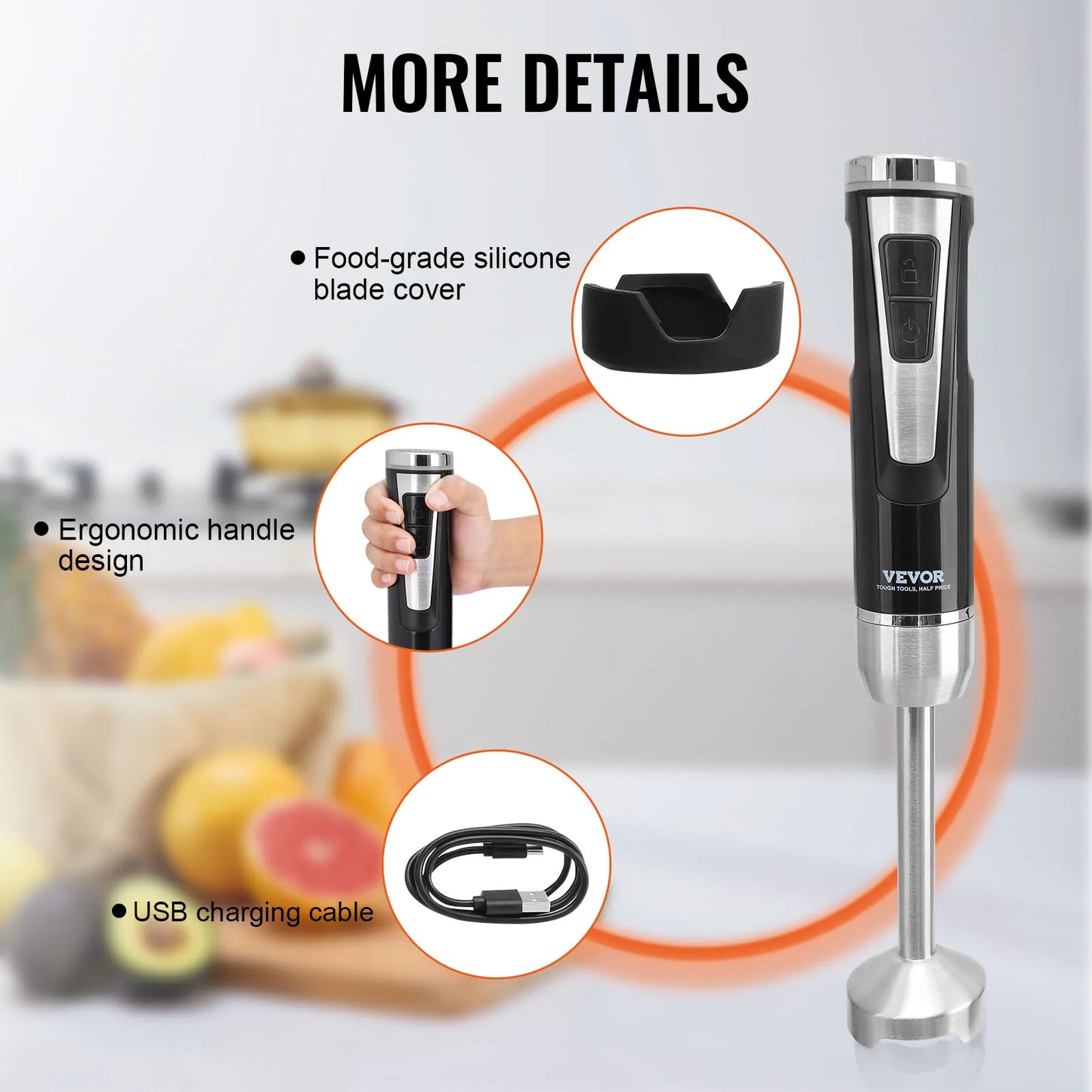 VEVOR 8/12 Speed Immersion Mini Portable Blender Handheld Mixer 200W 500W Cordless Recharge