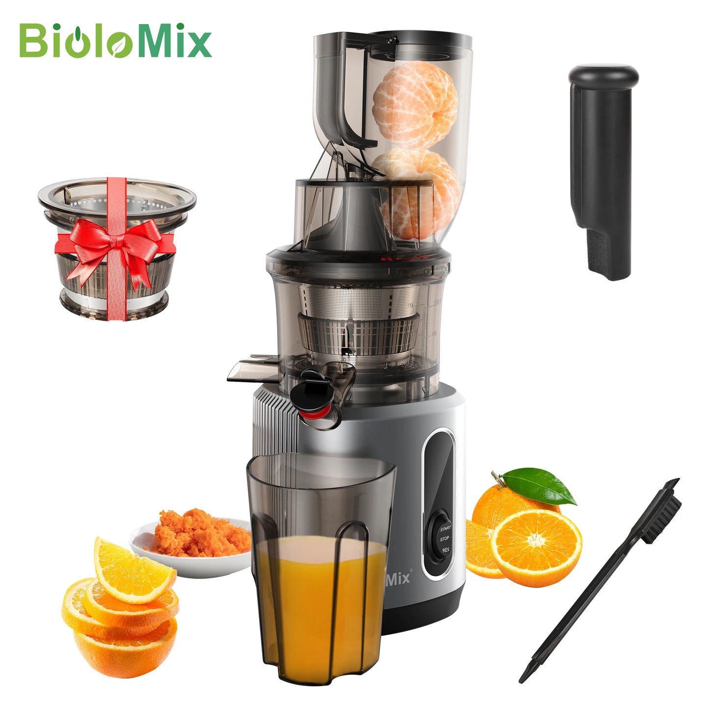 BioloMix Cold Press Juicer, 75mm Feed Chute, 200W 40-65RPM, Powerful Motor, Slow Masticating Fits Whole Fruits