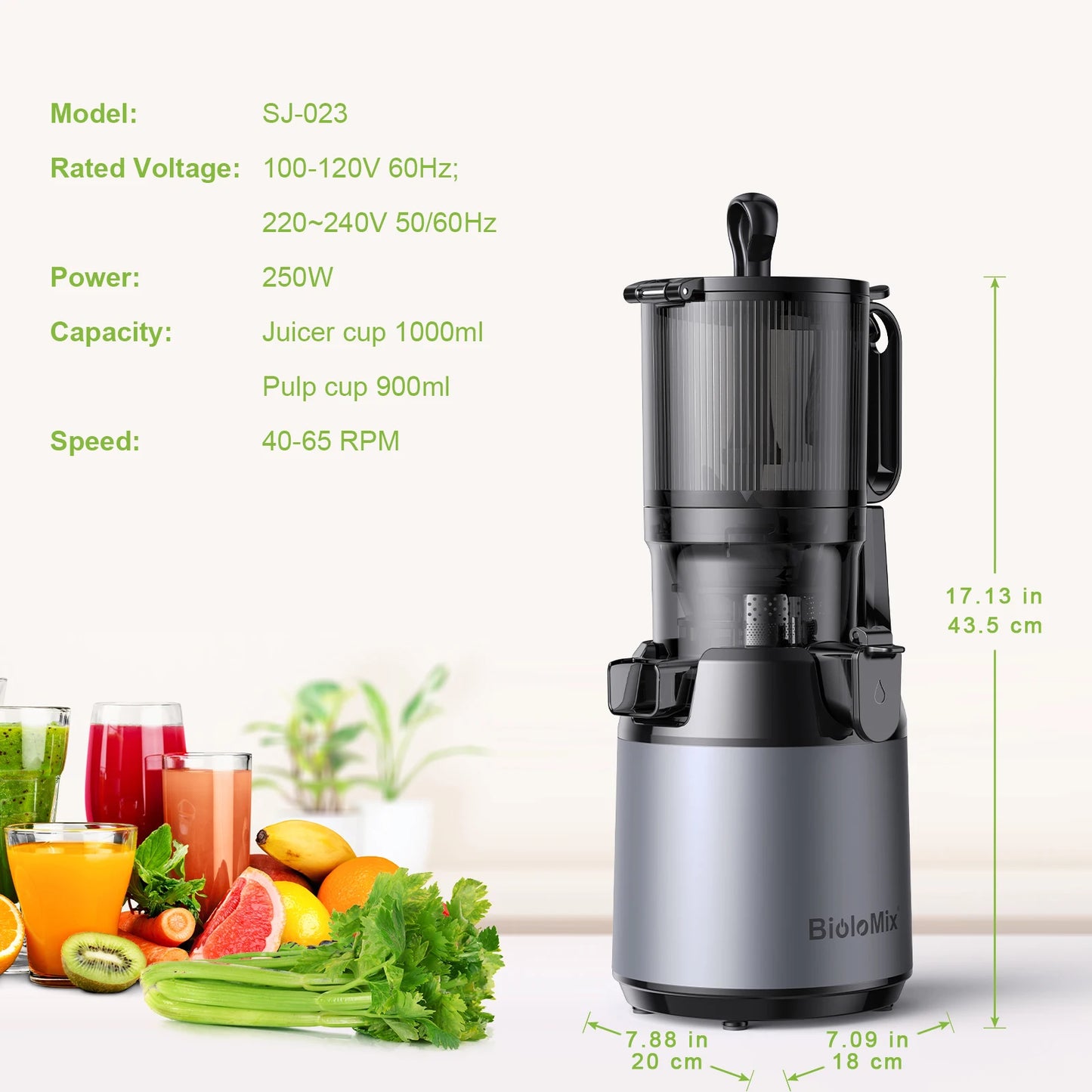 BioloMix Cold Press Juicer, with 130mm Feed Chute, High Juice Yield, BPA FREE Slow Masticating Juicer