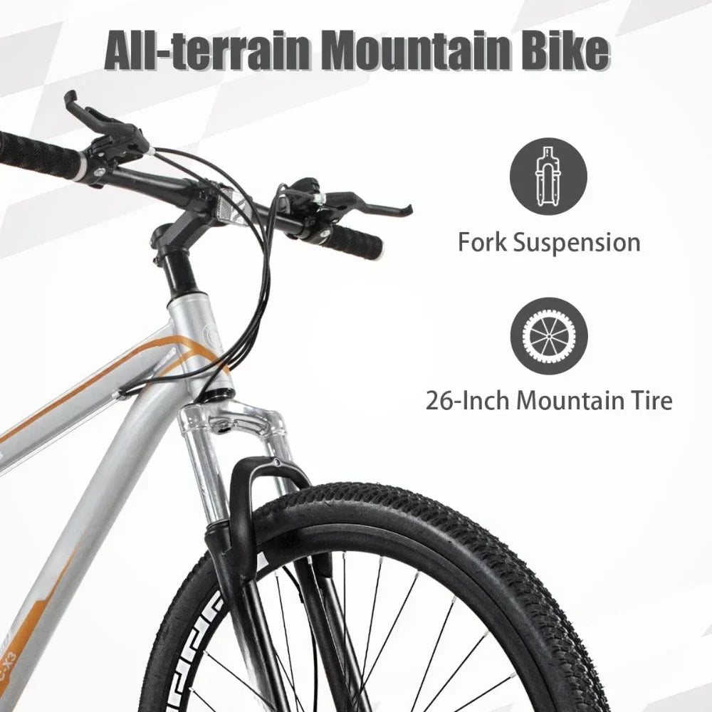 26 Inch Mountain Bike, Aluminum Frame, 21-Speed Dual Disc Brake Bicycle with Lock-Out Suspension Fork