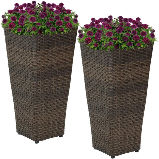 Square Polyrattan Indoor/Outdoor Planter - 24-Inches Tall - Set of 2 - Brown