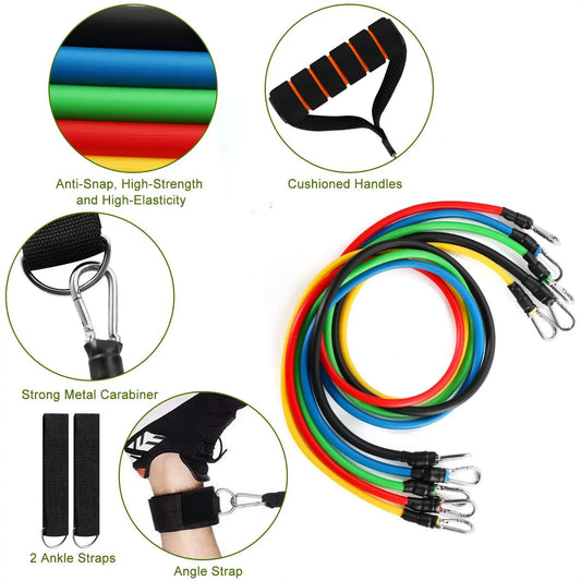 11Pcs Resistance Bands Set Fitness Workout Exercise Bands Up to 100lbs, eco-friendly TPE materials