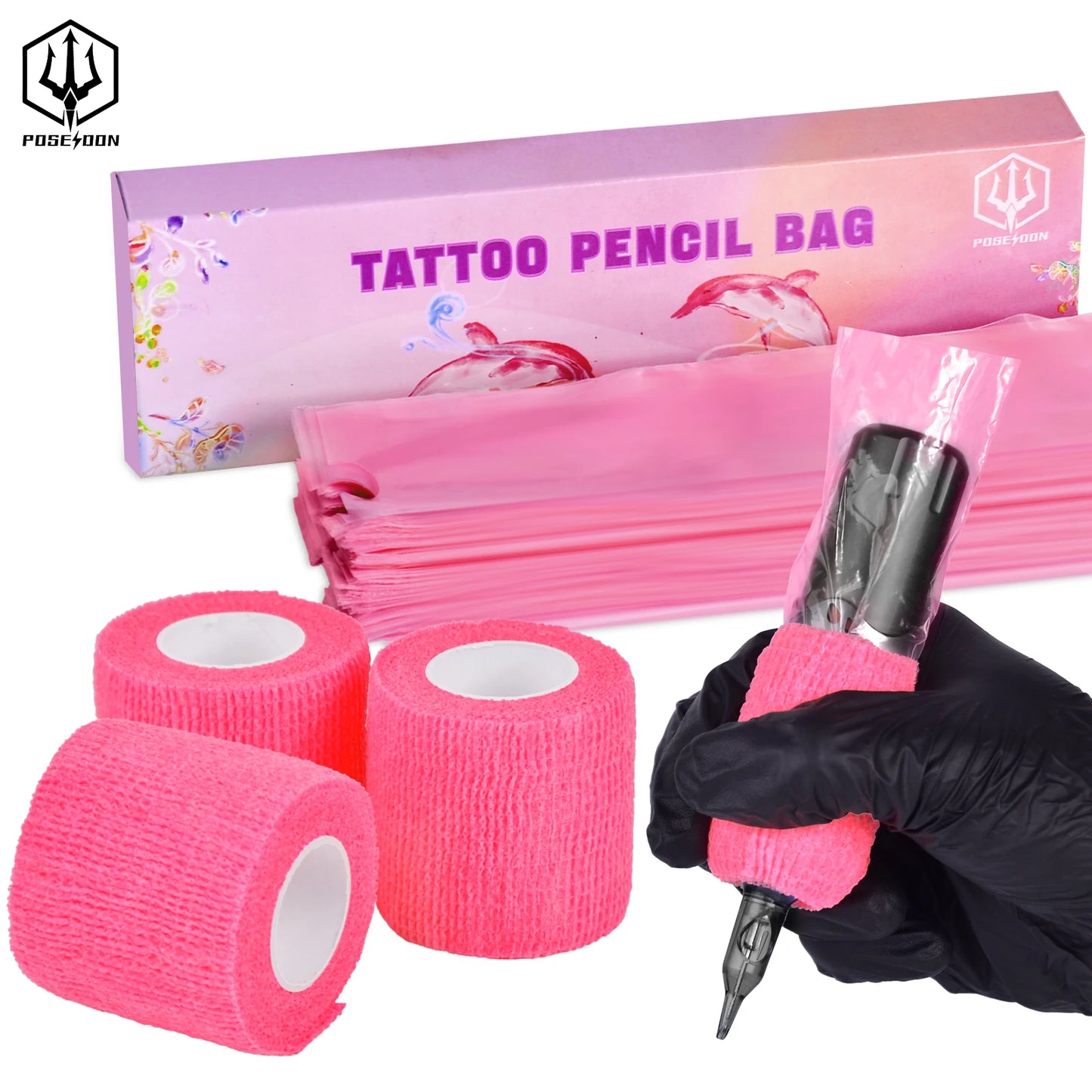 POSEIDON Tattoo Pencil Sleeve Bag Covers 200Pcs and 3Pcs Pink Bandage Tattoo Practice Accessories Supplies for Artist