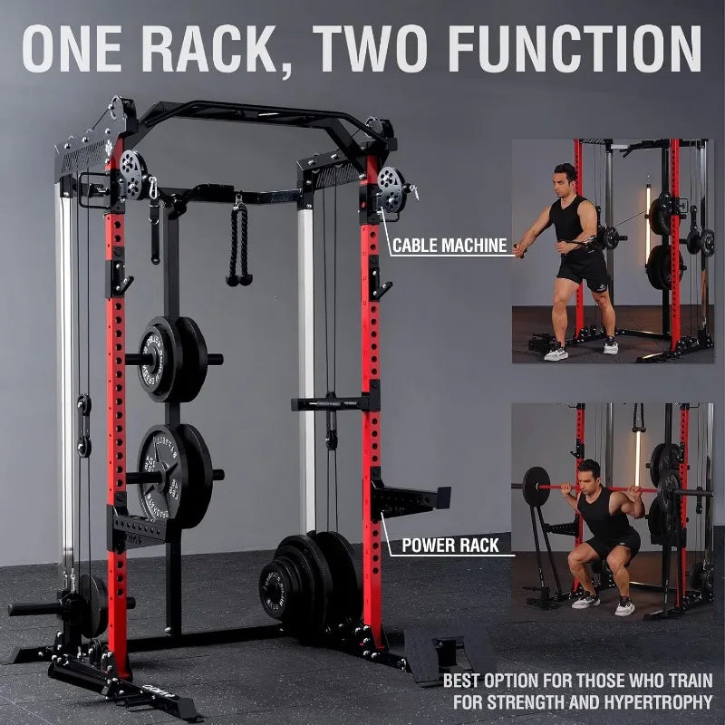 Power Cage, 2000LB Squat Rack, Dual Pulley Cable Crossover System, Multi-function Home Gym Workout Machine