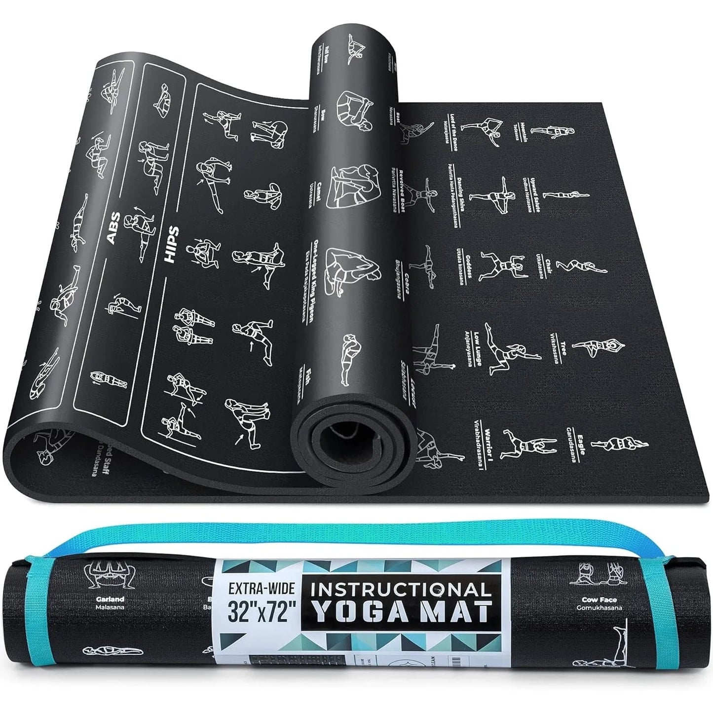 Instructional Yoga Mat with Poses Printed & Carrying Strap - 75 Illustrated Poses & 75 Stretches