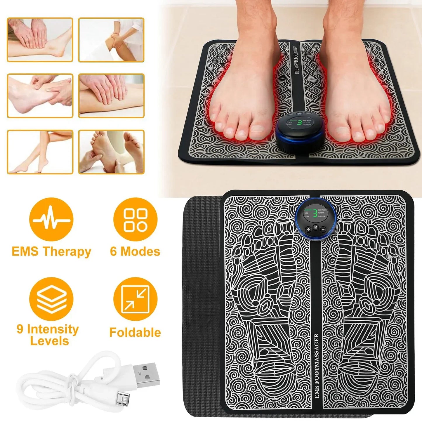 EMS Foot Massage Pad, Rechargeable, 6 Modes, 9 Intensity Levels, Muscle Pain Relax, Leg Reshaping