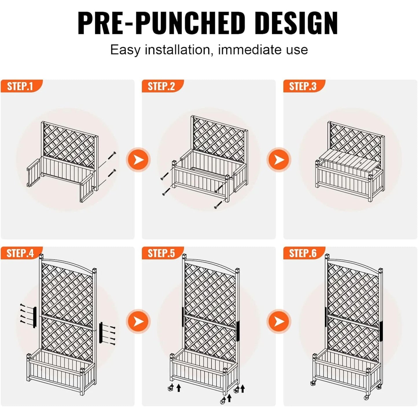 2PCS Outdoor Raised Garden Bed with Drainage Holes, Free-Standing Trellis Wood Planter Box