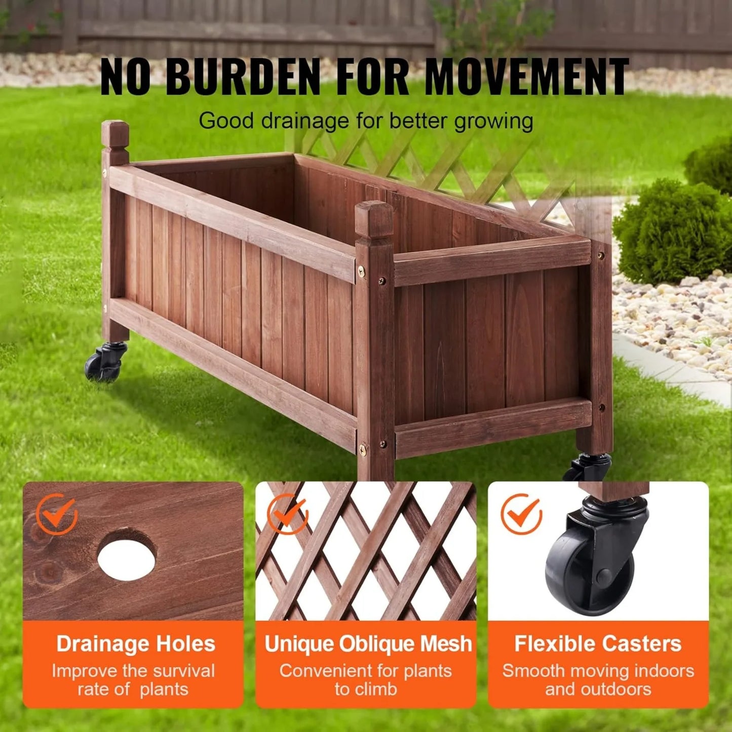 2PCS Outdoor Raised Garden Bed with Drainage Holes, Free-Standing Trellis Wood Planter Box