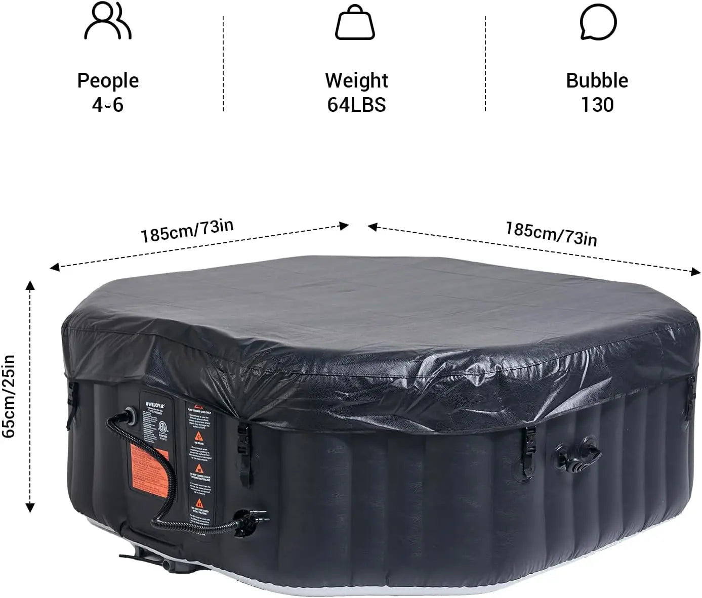 Portable Hot Tub 73X73X25 Inch Air Jet Spa, 4-5 Person, Inflatable Octagon Spa with 130 Bubble Jets