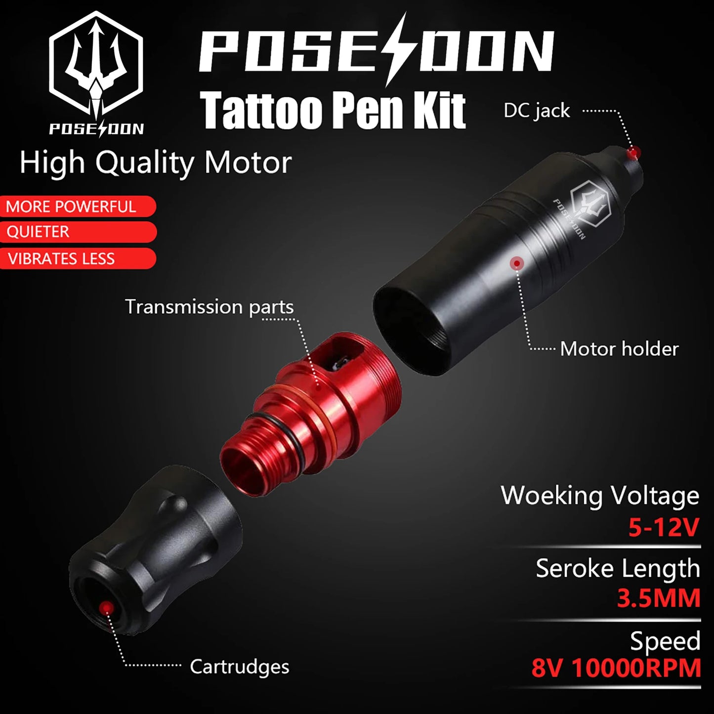 POSEIDON Black Tattoo Pen Machine Kit High Quality Motor Power Supply with Starting Inks