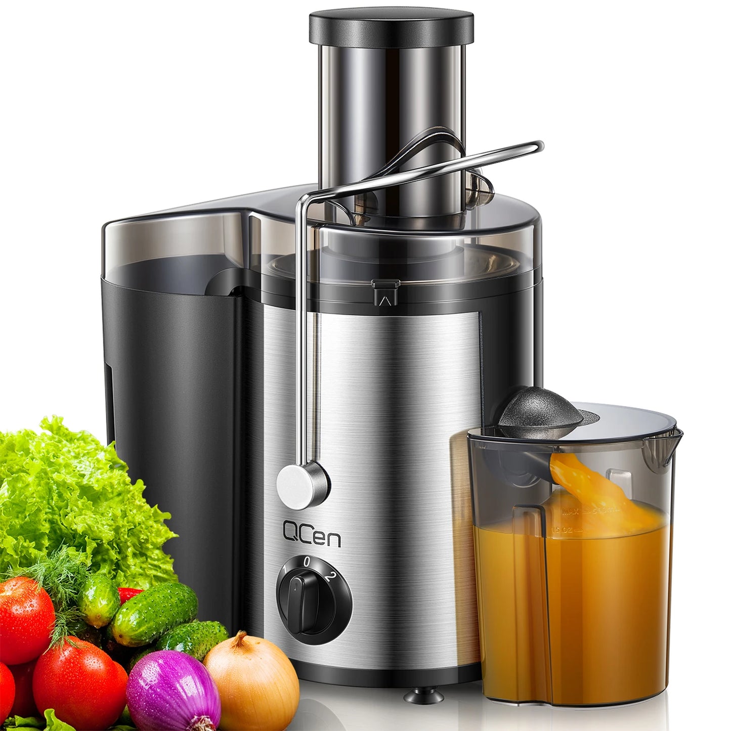 Qcen Juicer Machine, 500W Centrifugal Juicer Extractor with Wide Mouth 3” Feed Chute, Easy to Clean