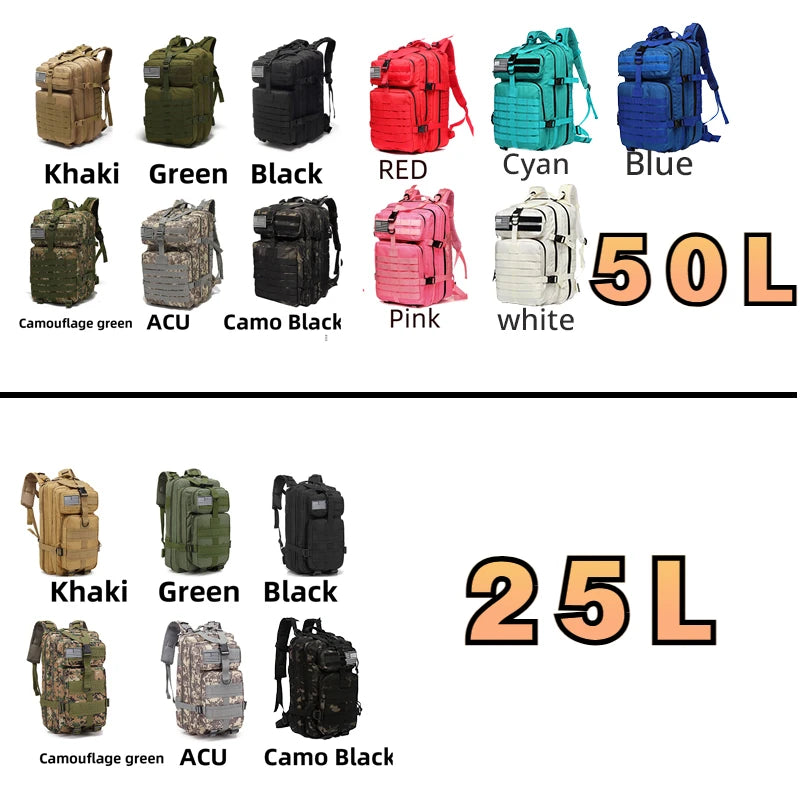 25L/50L 1000D Nylon Waterproof Trekking Camping Hiking Bag Backpack Outdoor Rucksacks Tactical