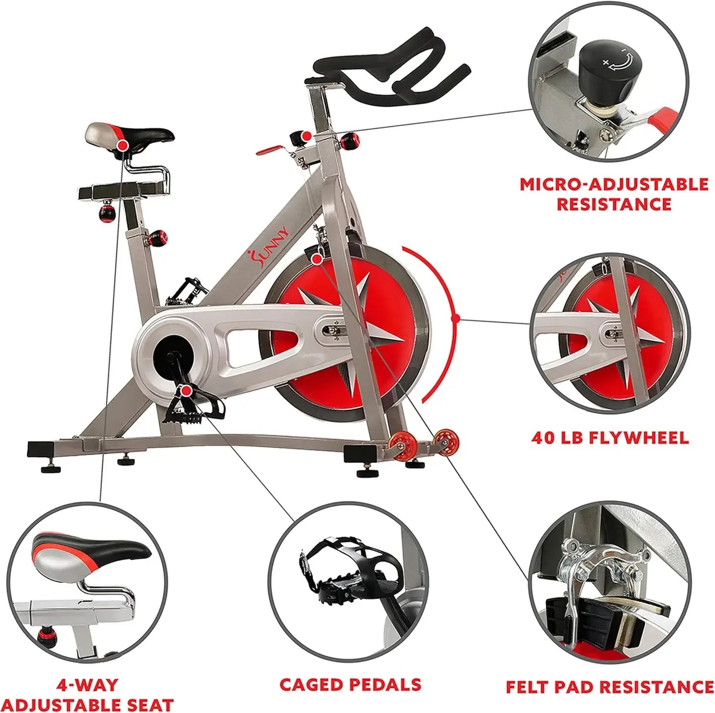 Pro Cycling Stationary Bike, 40 LB Flywheel & 4-Way Adjustable Seat for Indoor Cycle/Cardio Workout