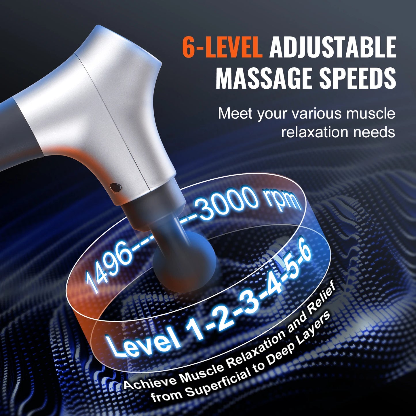 VEVOR Deep Tissue Percussion Muscle Massage Gun with 6 Speed Levels & 4 Massage Heads 12V 2500mAh