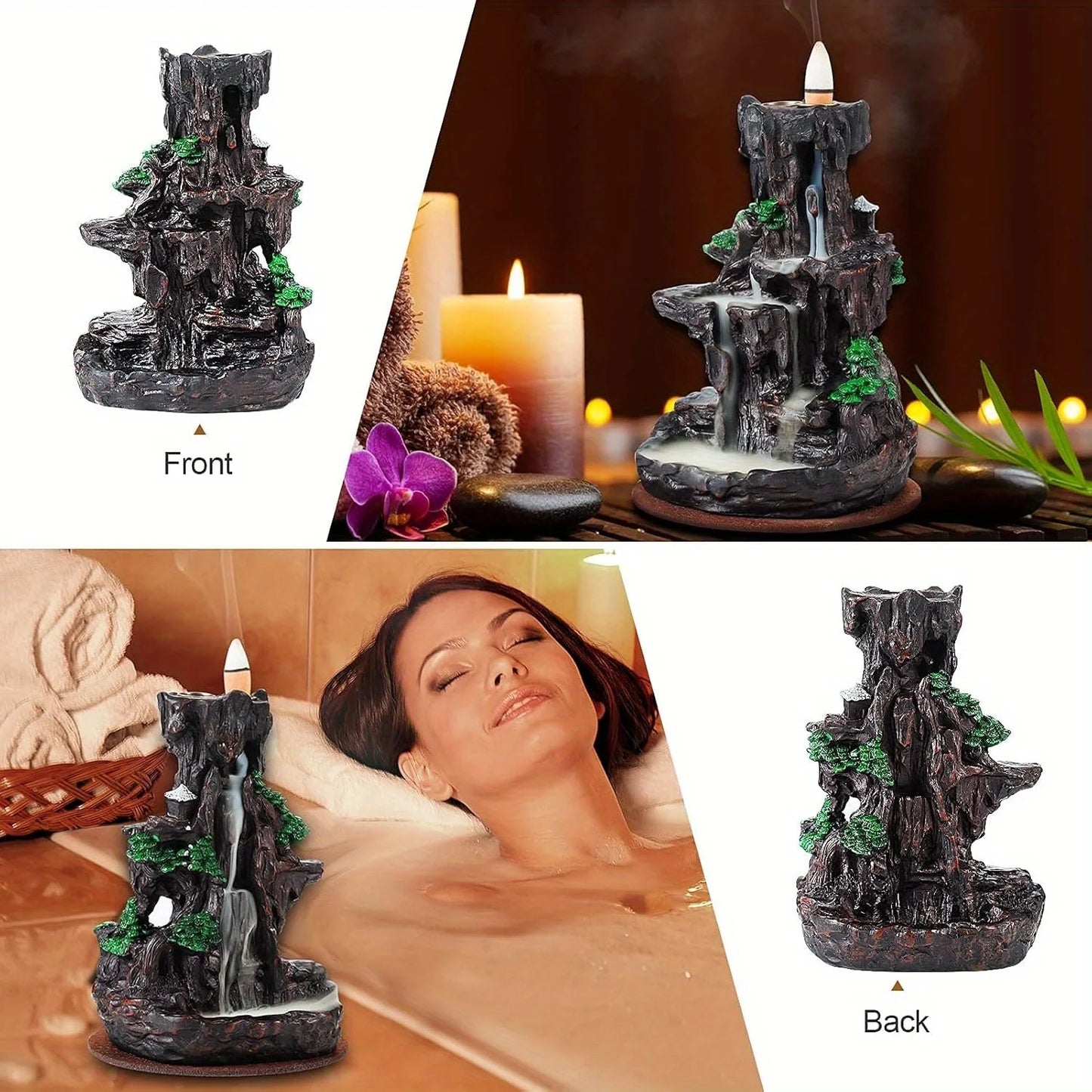 Incense Burner, Backflow Incense Holder 2 Sided Waterfall with 120 Backflow Incense Cones