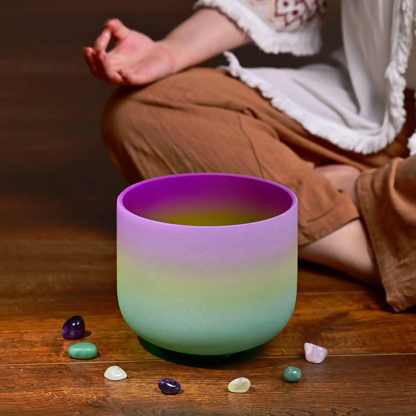 CVNC 440HZ 8 Inch Rainbow Colored B Note Crown Chakra Frosted Quartz Crystal Singing Bowl