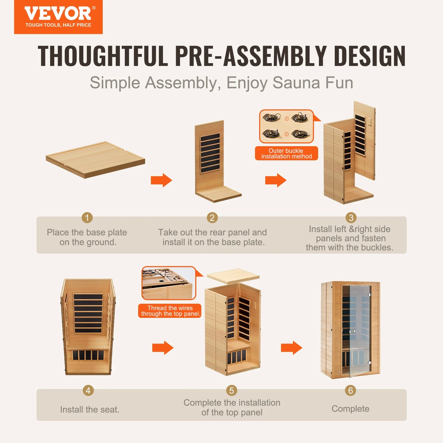 VEVOR Far Infrared Wooden Sauna Room Home Spa for Person Low EMF Far with Tempered Glass Door