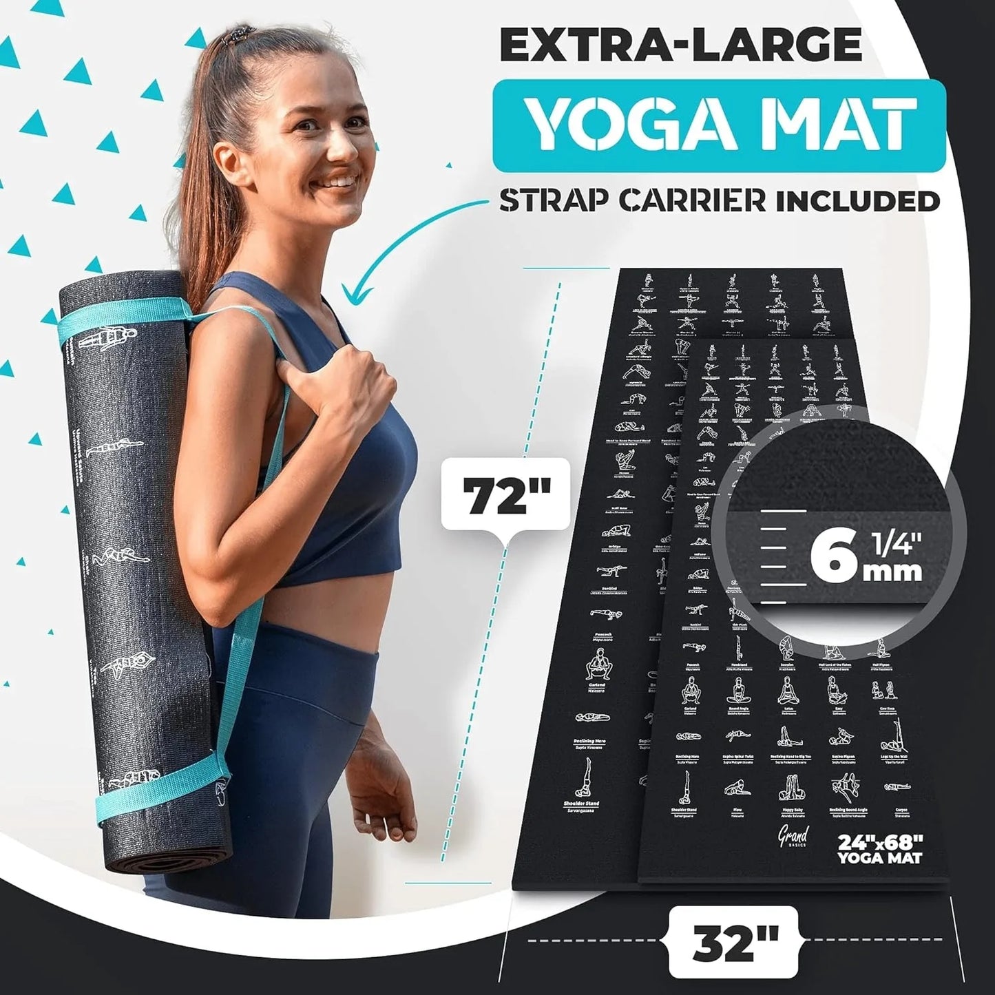 Instructional Yoga Mat with Poses Printed & Carrying Strap - 75 Illustrated Poses & 75 Stretches