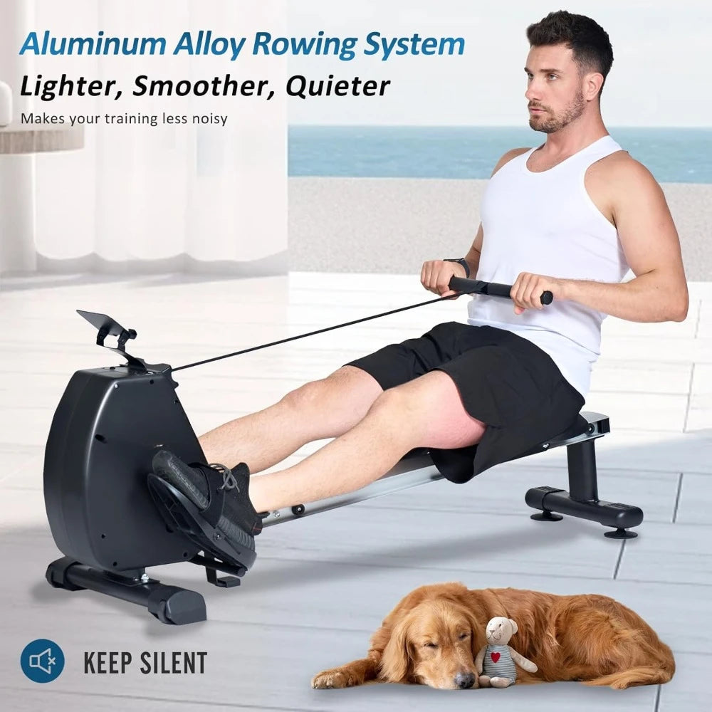 Foldable Rowing Machine Magnetic 8 Levels of Resistance All Aluminum Alloy Mute Slide 3D Ergonomic PU