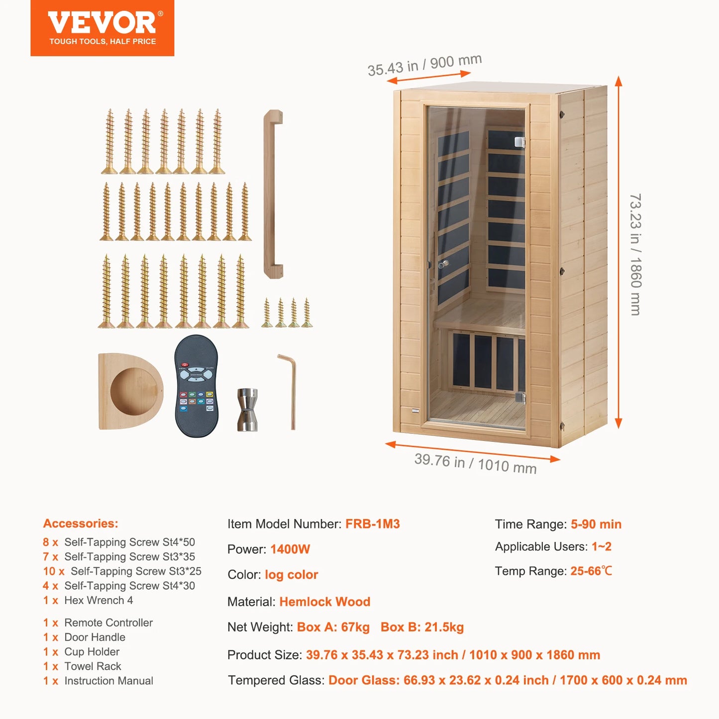 VEVOR Far Infrared Wooden Sauna Room Home Spa for Person Low EMF Far with Tempered Glass Door